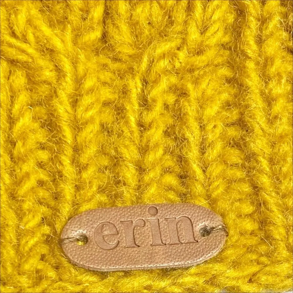 ERIN Irish Wool Aran Cable-Knit Beanie in Mustard Yellow w Gray Fleece Lining OS